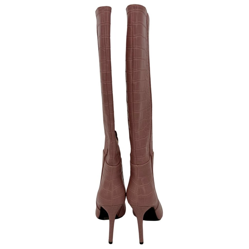 Guess Pink Vegan Croc Pointed Toe Knee High Stiletto Boots | Sexy Baddie Barbie - Picture 13 of 16